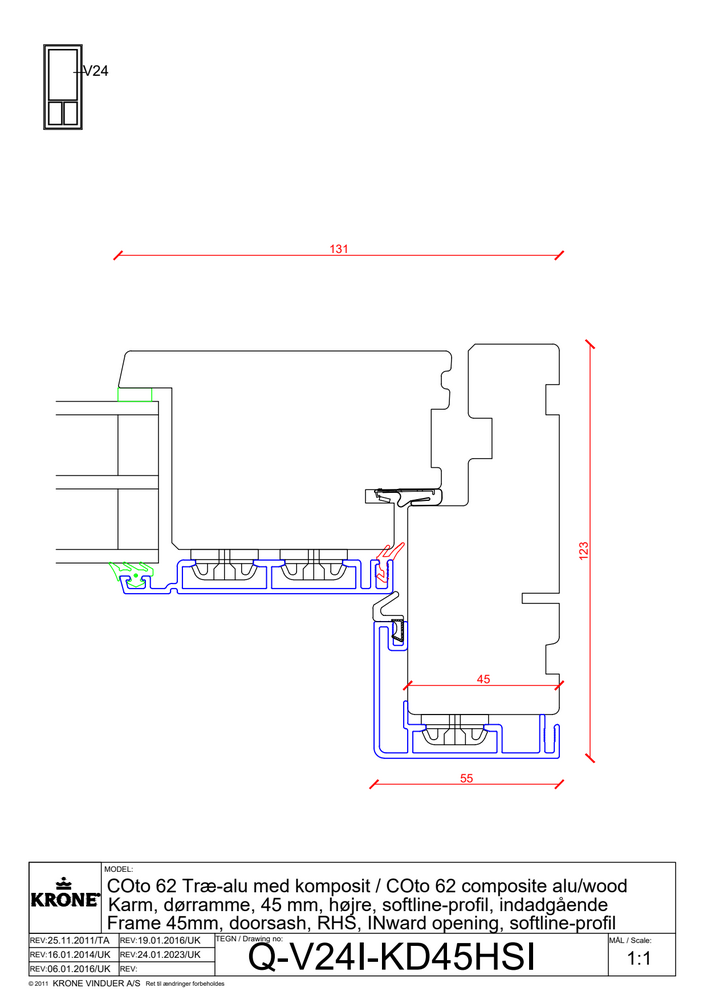 COto 62 træ/alu med komposit – Karm, dørramme, 45 mm, højre, Softline profil, indadgående