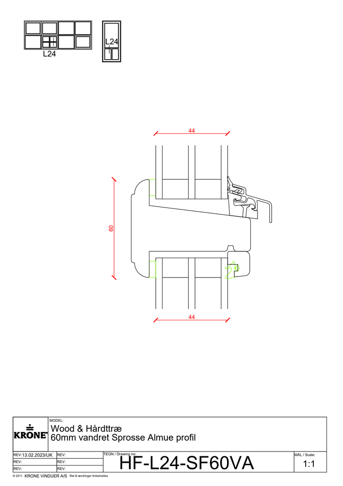 Wood & Hårdttræ – 60 mm vandret sprosse, Almue profil