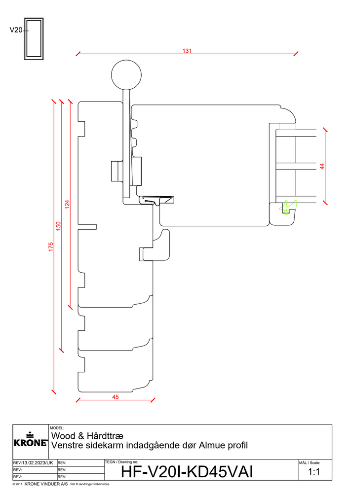 Wood & Hårdttræ – Venstre sidekarm, indadgående dør, Almue profil