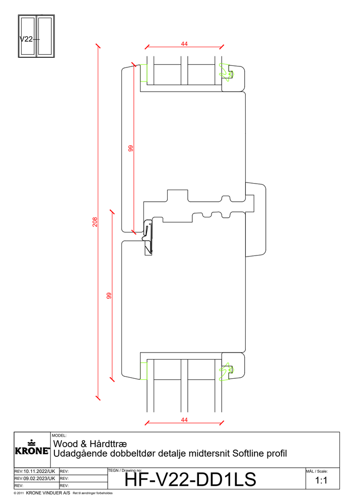 Wood & Hårdttræ – Udadgående dobbeltdør, detalje midtersnit, Softline profil