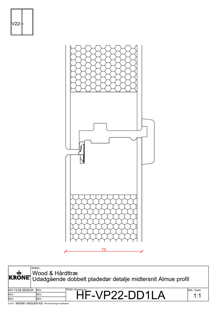 Wood & Hårdttræ – Udadgående dobbelt pladedør, detalje midtersnit, Almue profil