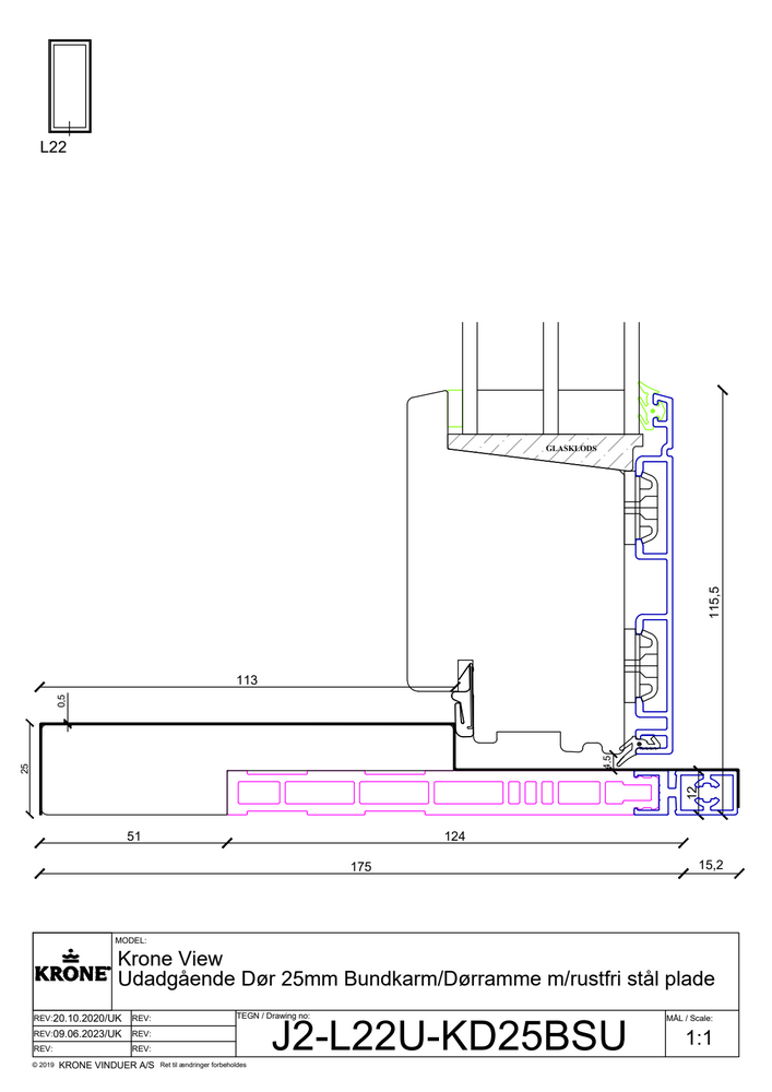 Krone View – Udadgående dør, 25 mm bundkarm/dørramme med rustfri stålplade