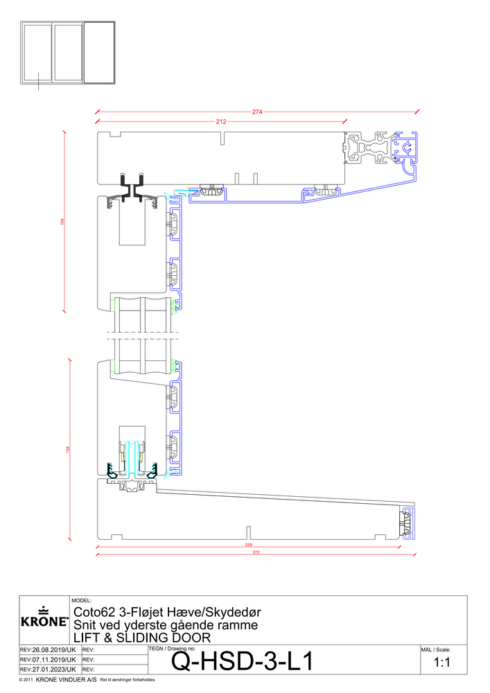 COto62 3-fløjet hæve-/skydedør – snit ved yderste gående ramme