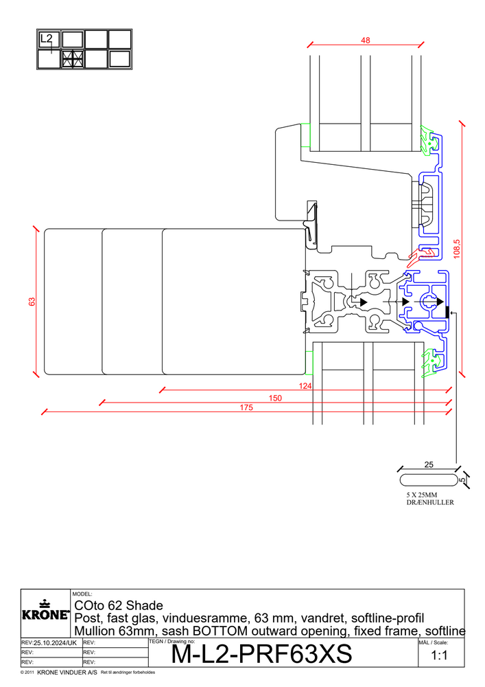 COto 62 Shade – Post, fast glas, vinduesramme, 63 mm, vandret, softline-profil